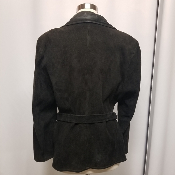 Vintage 50s Rancher Boho Buckskin Black Suede Leather Belted Button Down Coat Md - Picture 5 of 8